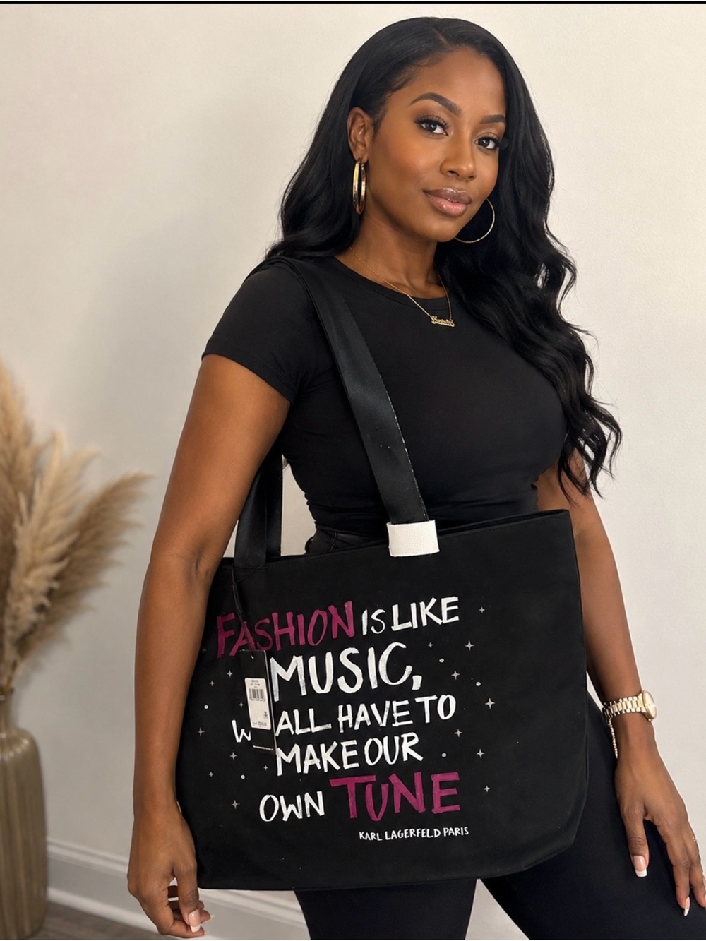 Karl Lagerfeld Black Tote Bag with Pink & White Graphic Text - Picture 4 of 4